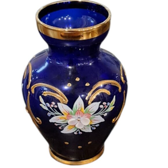 Vintage Mini Cobalt Blue Glass Vase, Gold Trim, 3D Hand painted Floral Design - Picture 1 of 10